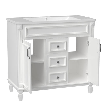 36 inch white bathroom vanity with top sink, equipped with 2 soft closing doors and 2 drawers, bathroom storage cabinet, single - FurniFindUSA