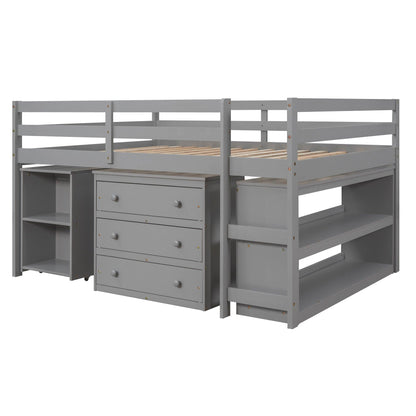 Low Study Full Loft Bed with Cabinet Shelves and Rolling Portable Desk Multiple Functions Bed- Gray - FurniFindUSA