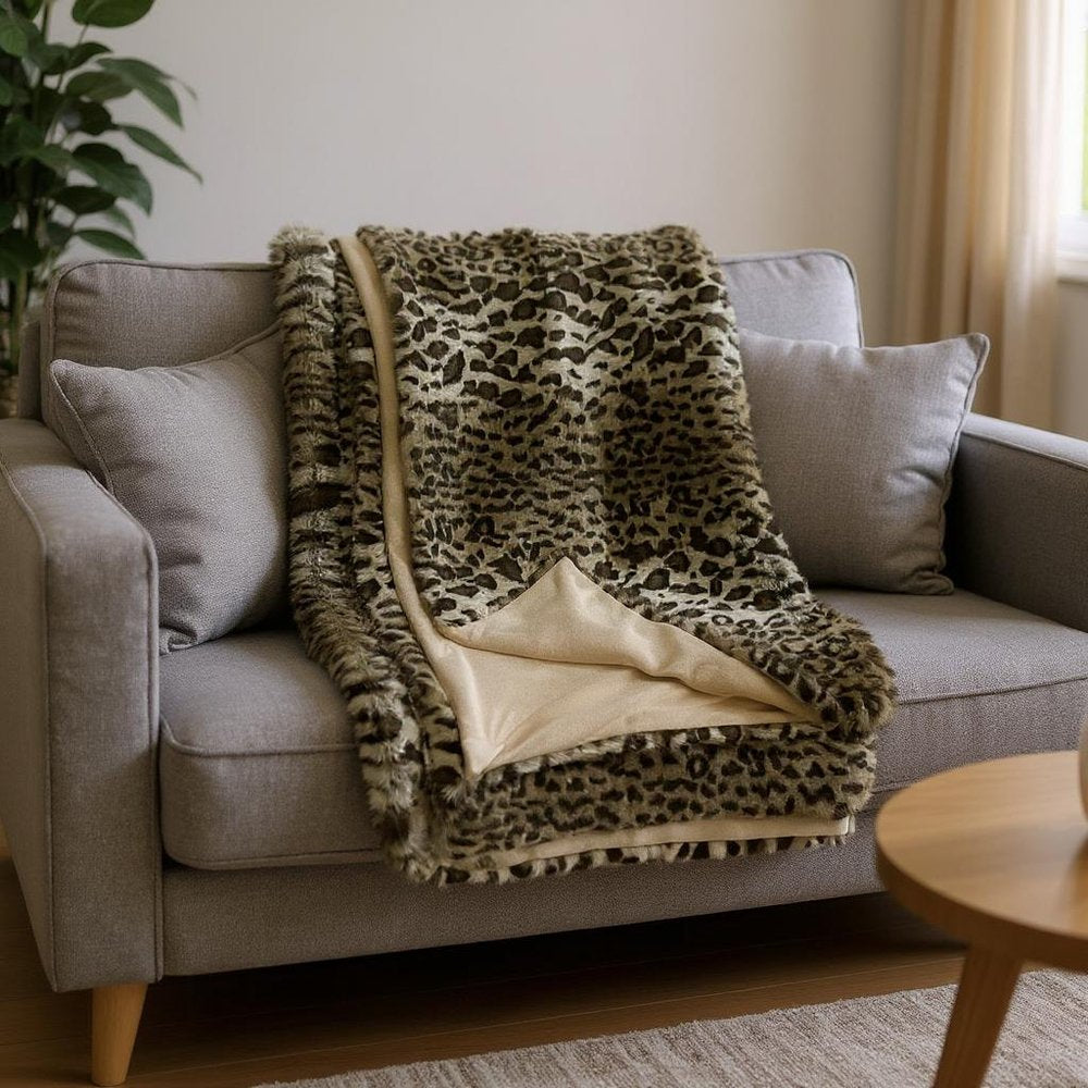 60" X 86" Brown And Dark Brown Leopard Faux Fur Throw Blanket HomeRoots