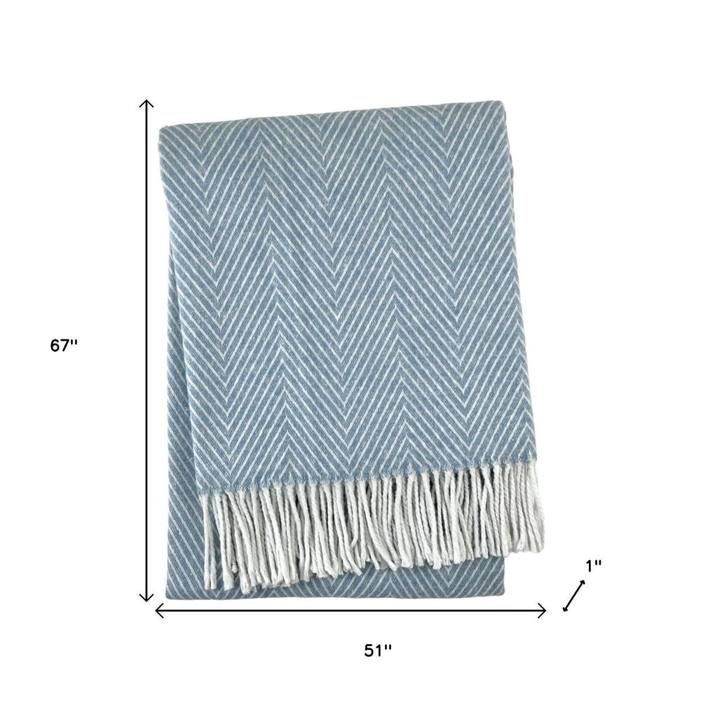 51" X 67" Blue Cotton Woven Herringbone Throw Blanket with Fringe HomeRoots