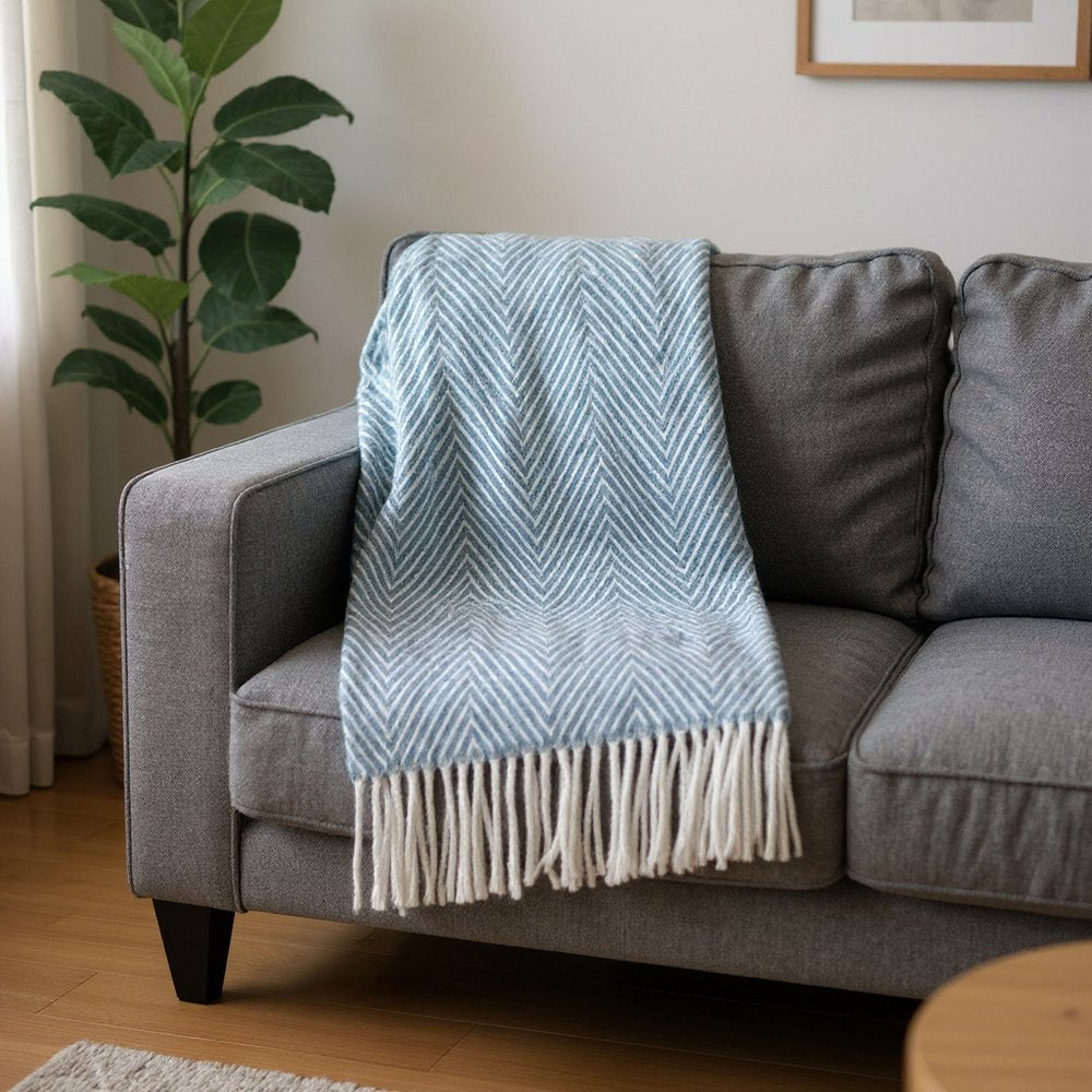 51" X 67" Blue Cotton Woven Herringbone Throw Blanket with Fringe HomeRoots