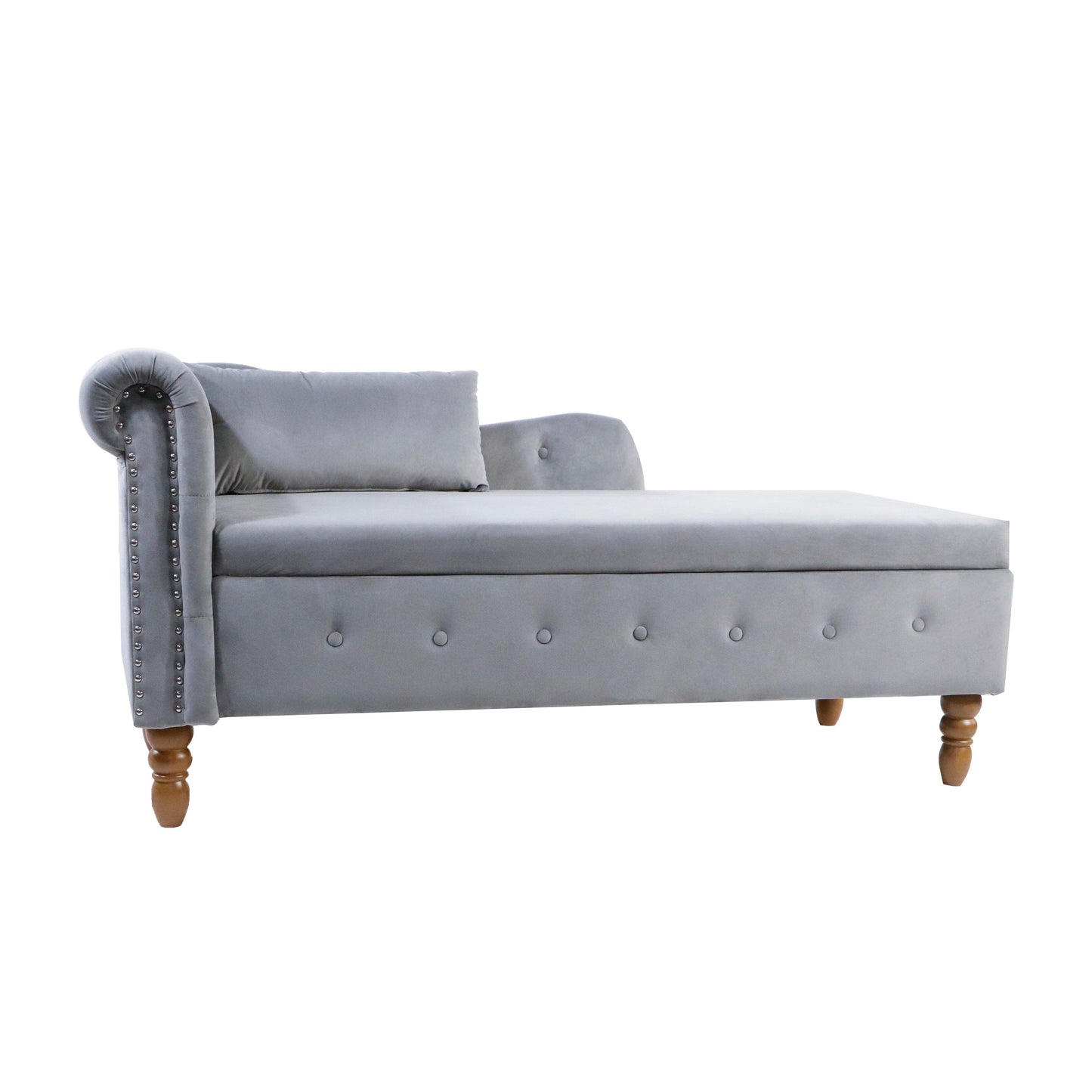 Grey Chaise Lounge Indoor Velvet Lounge Chair for Bedroom with Storage & Pillow Modern Upholstered Rolled Arm Chase Lounge - FurniFindUSA