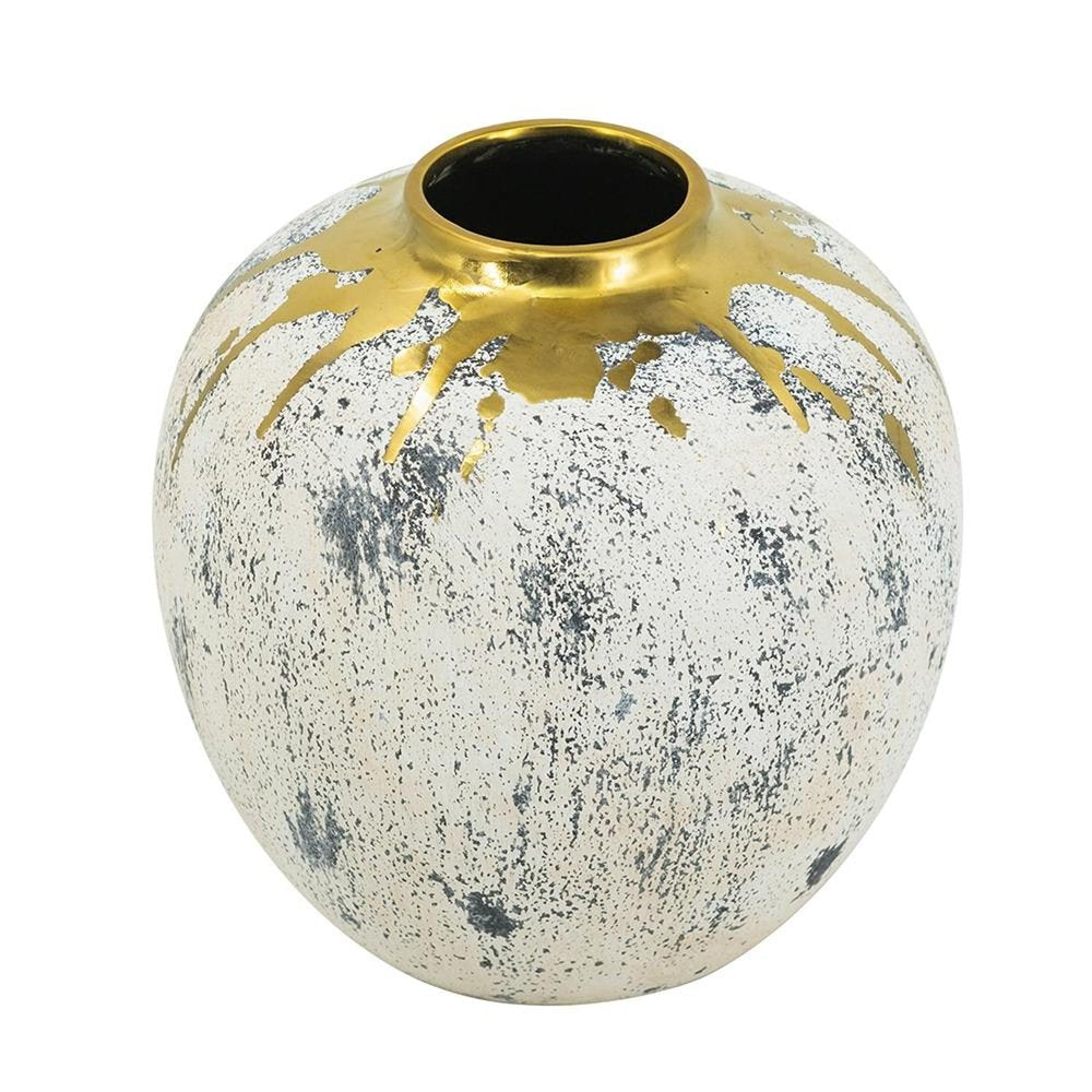 10" Ivory Gray And Gold Abstract Distressed Ceramic Round Table Vase HomeRoots