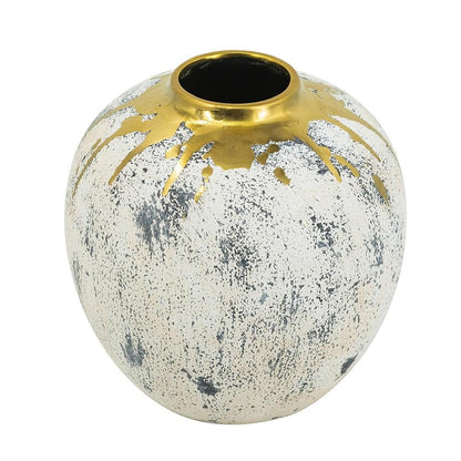 10" Ivory Gray And Gold Abstract Distressed Ceramic Round Table Vase HomeRoots