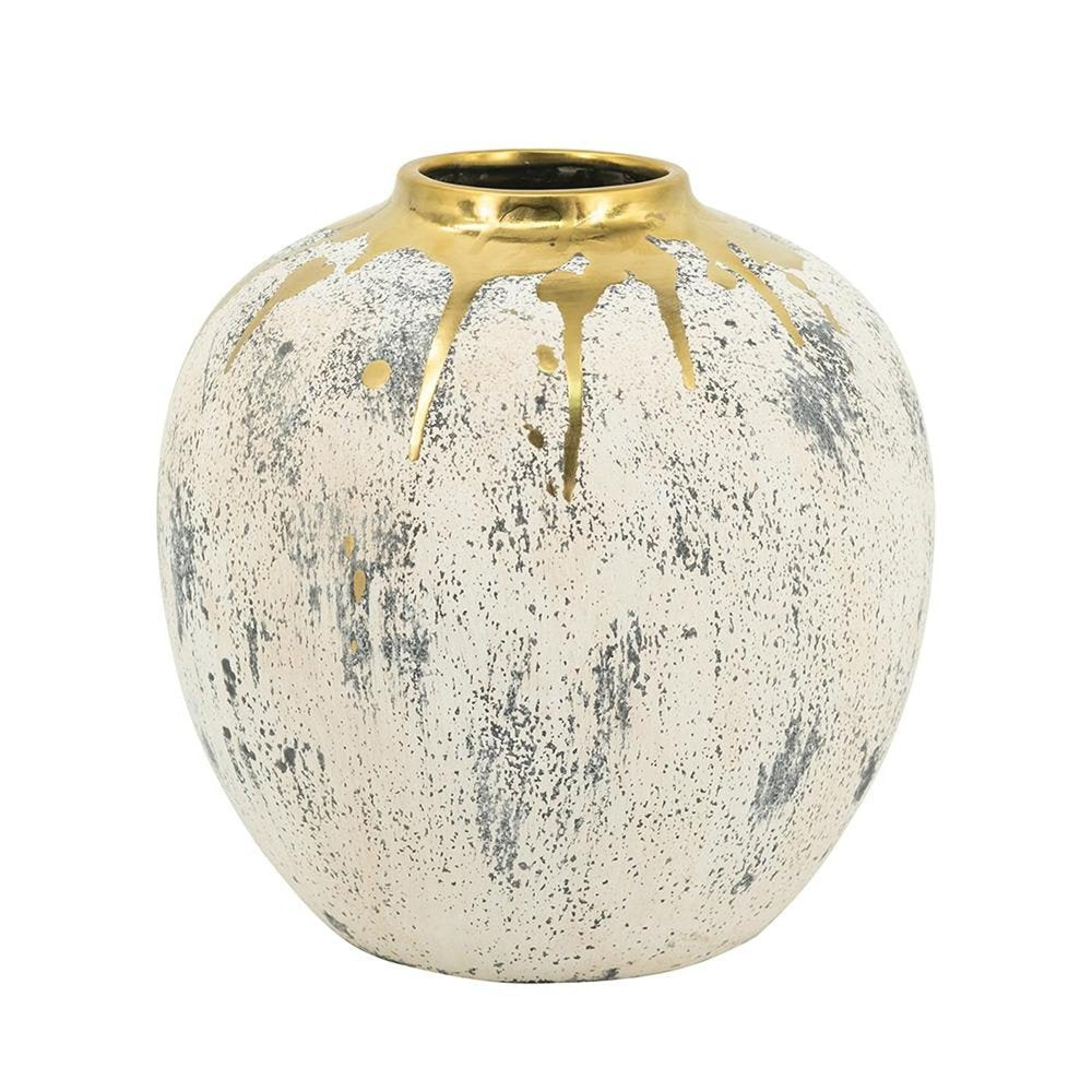 10" Ivory Gray And Gold Abstract Distressed Ceramic Round Table Vase HomeRoots