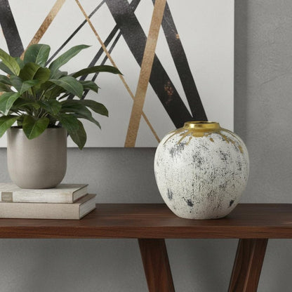 10" Ivory Gray And Gold Abstract Distressed Ceramic Round Table Vase HomeRoots