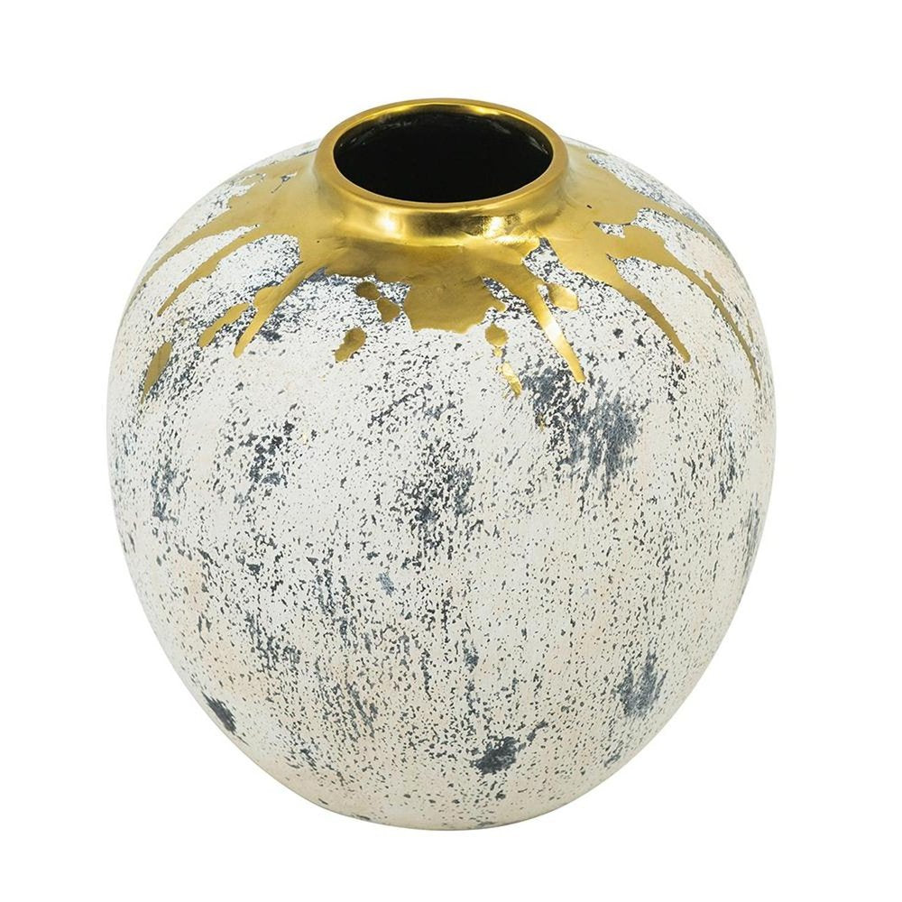10" Ivory Gray And Gold Abstract Distressed Ceramic Round Table Vase HomeRoots