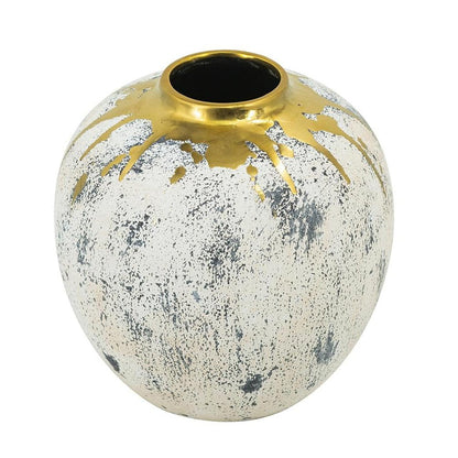 10" Ivory Gray And Gold Abstract Distressed Ceramic Round Table Vase HomeRoots