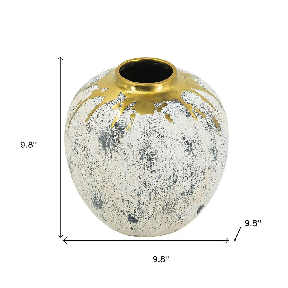 10" Ivory Gray And Gold Abstract Distressed Ceramic Round Table Vase HomeRoots