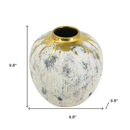 10" Ivory Gray And Gold Abstract Distressed Ceramic Round Table Vase HomeRoots