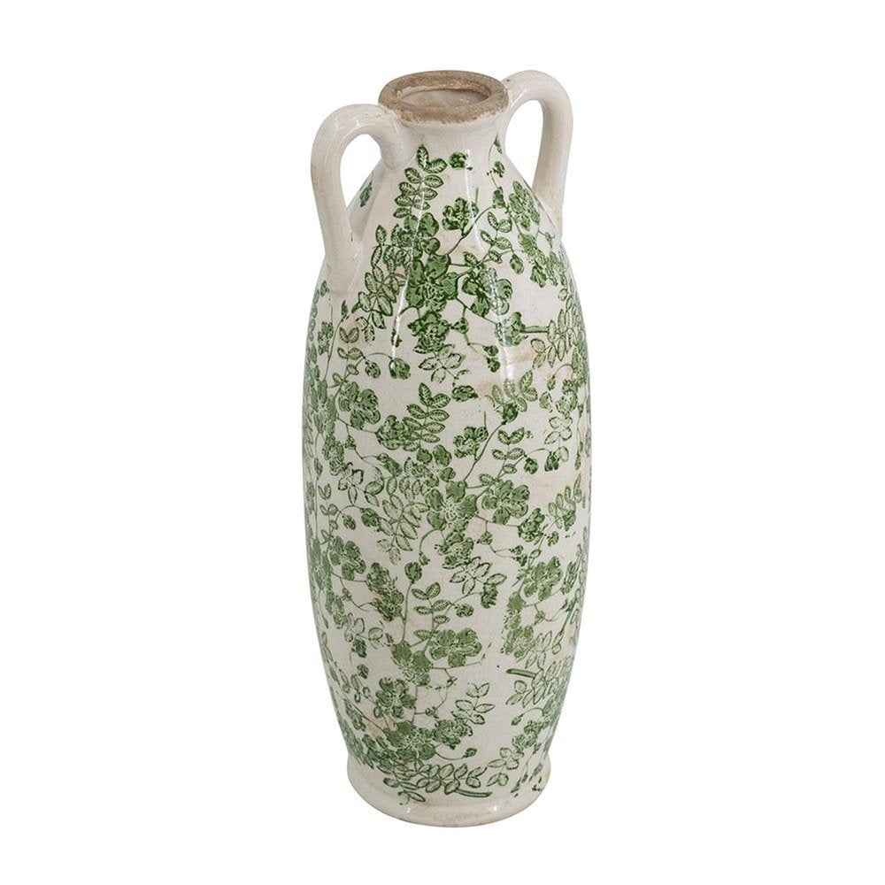 16" Green And White Leaf Ceramic Amphora Table Vase HomeRoots