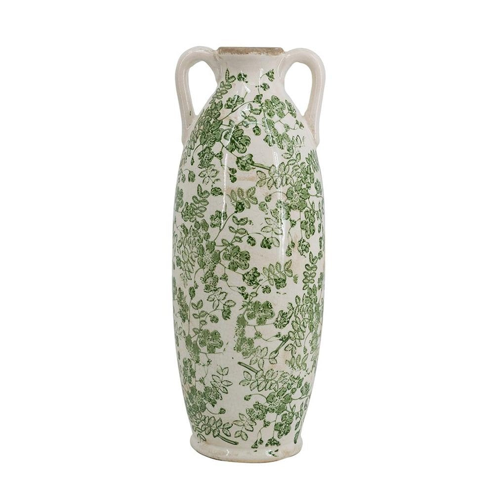 16" Green And White Leaf Ceramic Amphora Table Vase HomeRoots