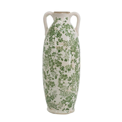 16" Green And White Leaf Ceramic Amphora Table Vase HomeRoots