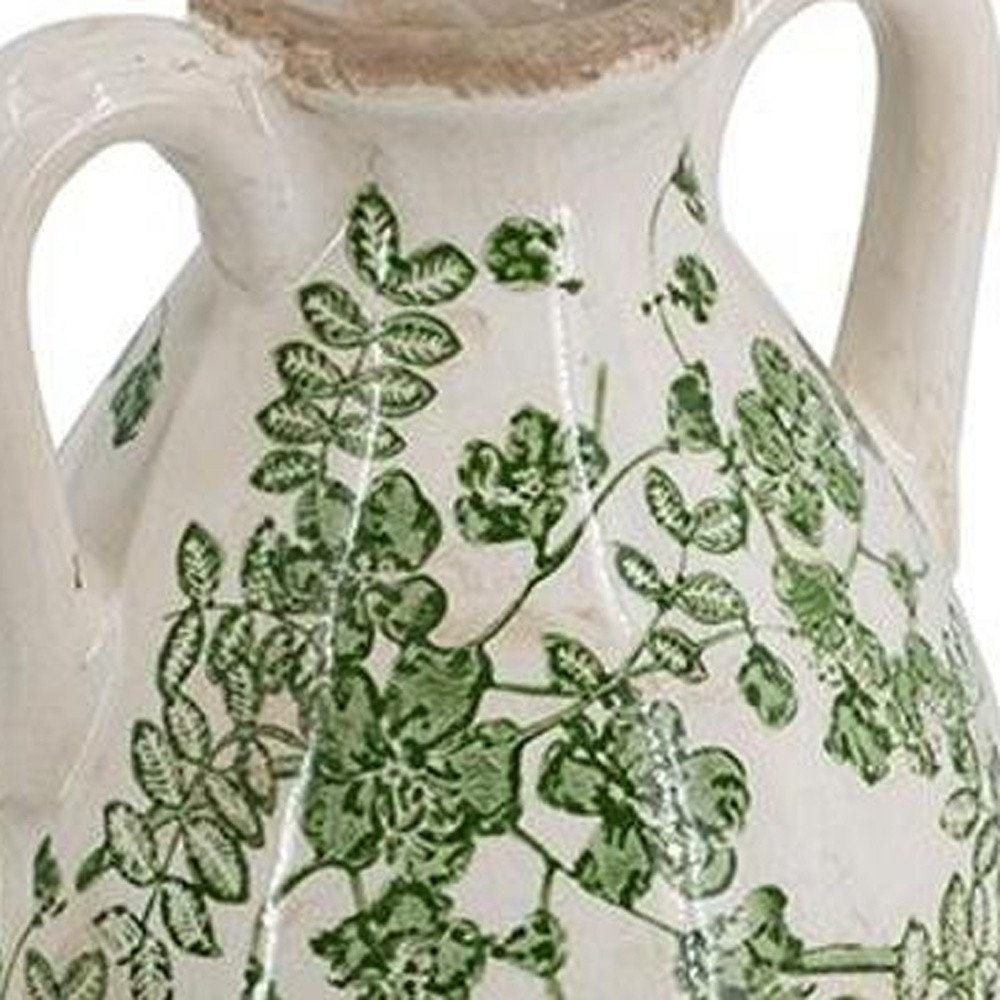 16" Green And White Leaf Ceramic Amphora Table Vase HomeRoots