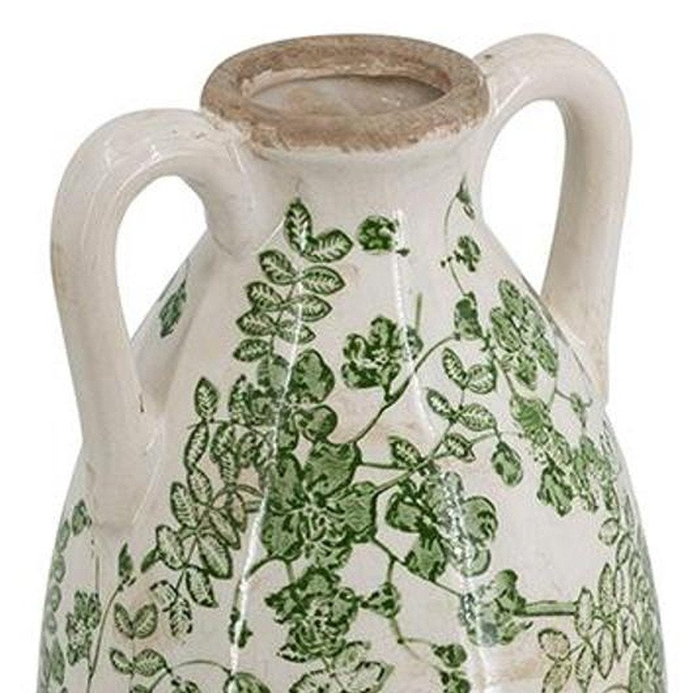16" Green And White Leaf Ceramic Amphora Table Vase HomeRoots