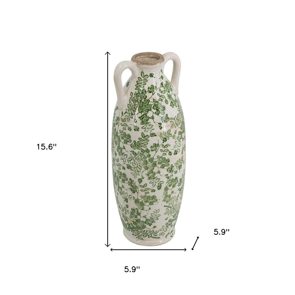 16" Green And White Leaf Ceramic Amphora Table Vase HomeRoots