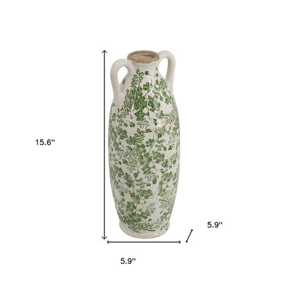 16" Green And White Leaf Ceramic Amphora Table Vase HomeRoots