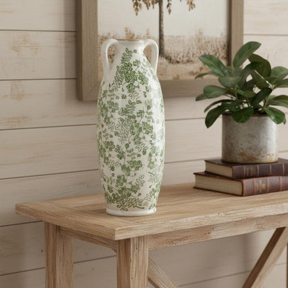 16" Green And White Leaf Ceramic Amphora Table Vase HomeRoots