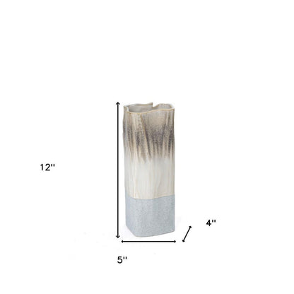 12" Brown Light Blue And Off White Color Block Square Ceramic Table Vase HomeRoots