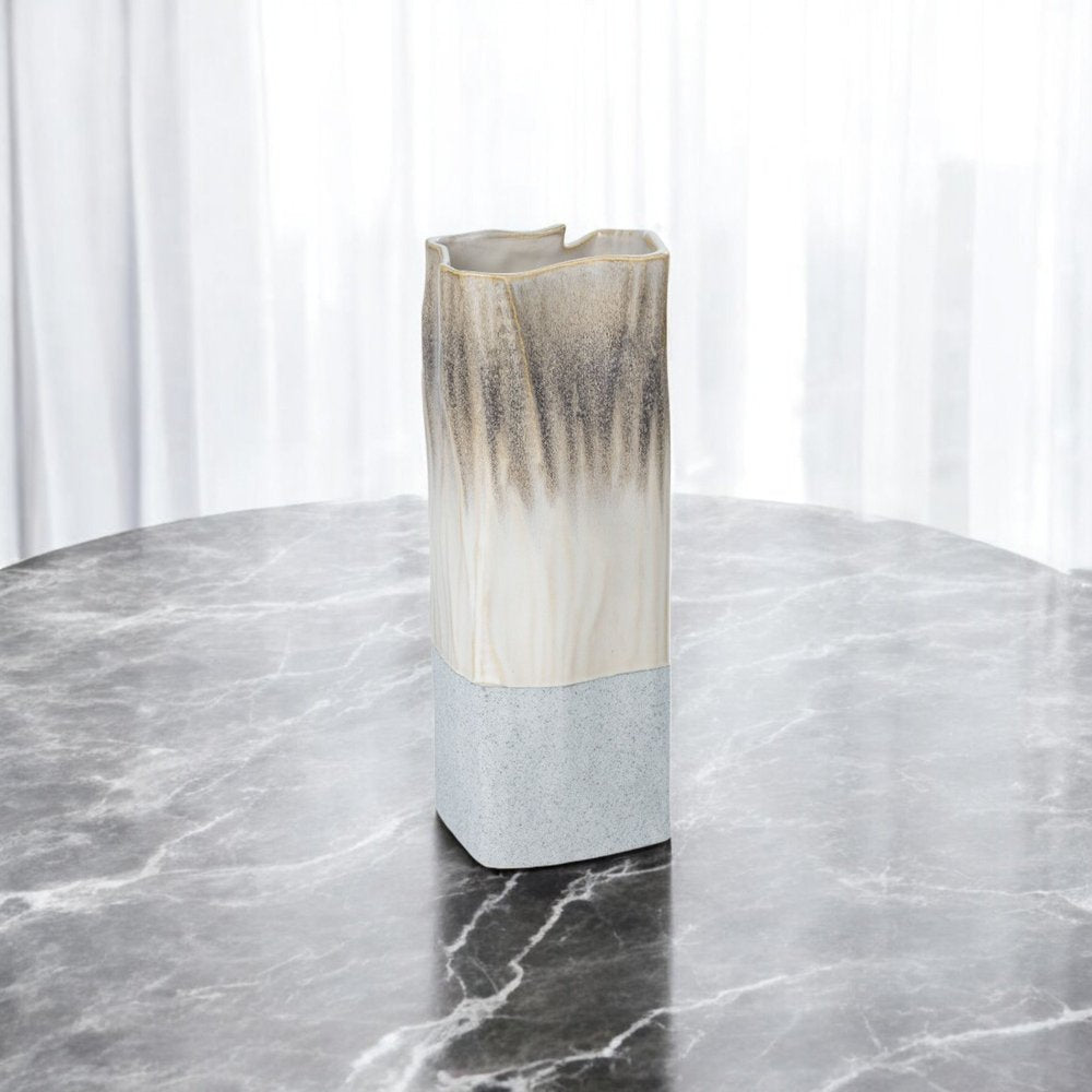 12" Brown Light Blue And Off White Color Block Square Ceramic Table Vase HomeRoots