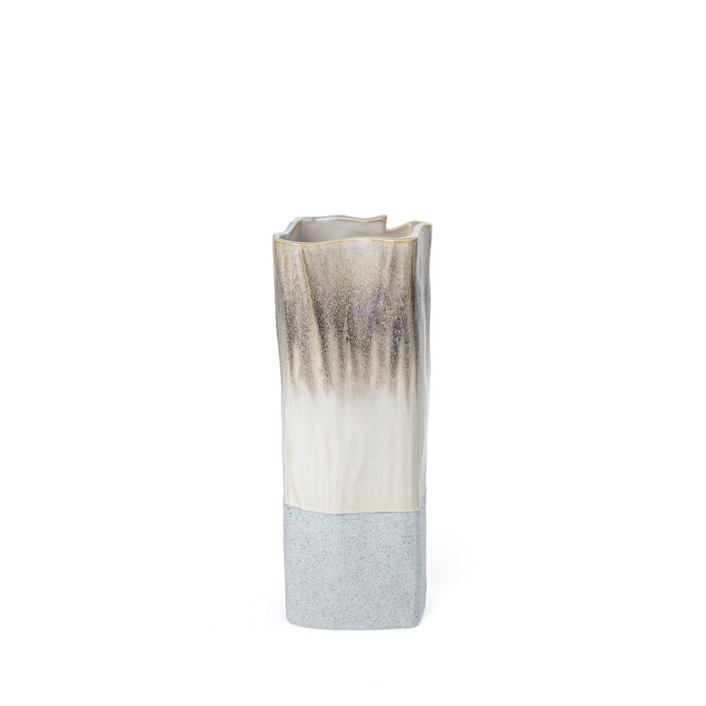 12" Brown Light Blue And Off White Color Block Square Ceramic Table Vase HomeRoots