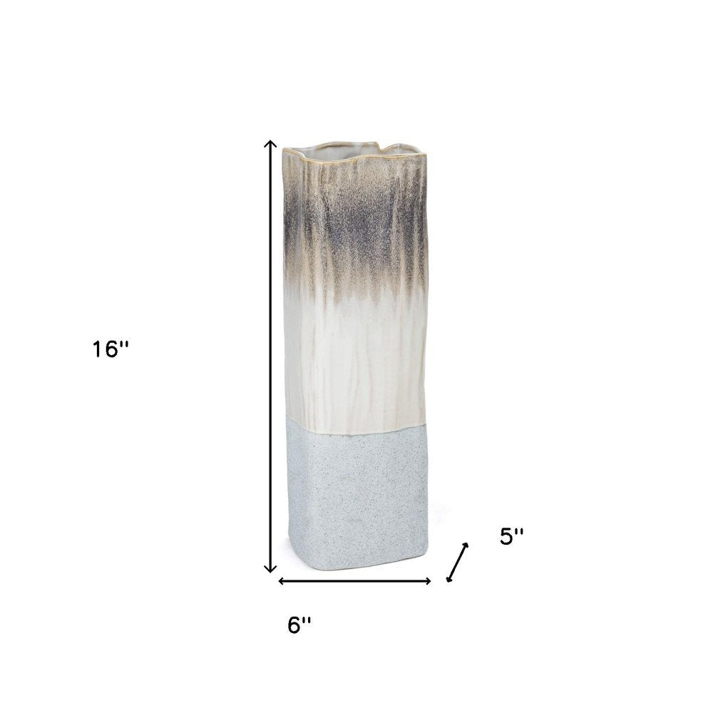 16" Brown Light Blue And Off White Color Block Square Ceramic Table Vase HomeRoots