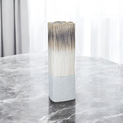 16" Brown Light Blue And Off White Color Block Square Ceramic Table Vase HomeRoots