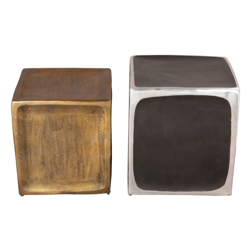 Set of Two Black Silver And Antiqued Brass Aluminum Square Block End Tables HomeRoots