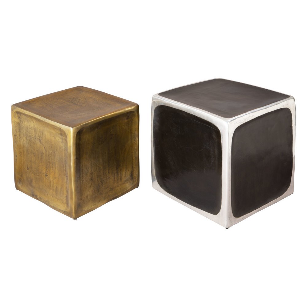 Set of Two Black Silver And Antiqued Brass Aluminum Square Block End Tables HomeRoots