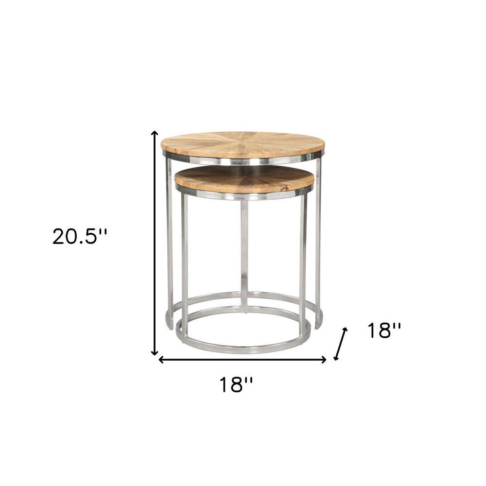 Set of Two Natural And Silver Solid Wood And Iron Round Frame Nested Tables HomeRoots