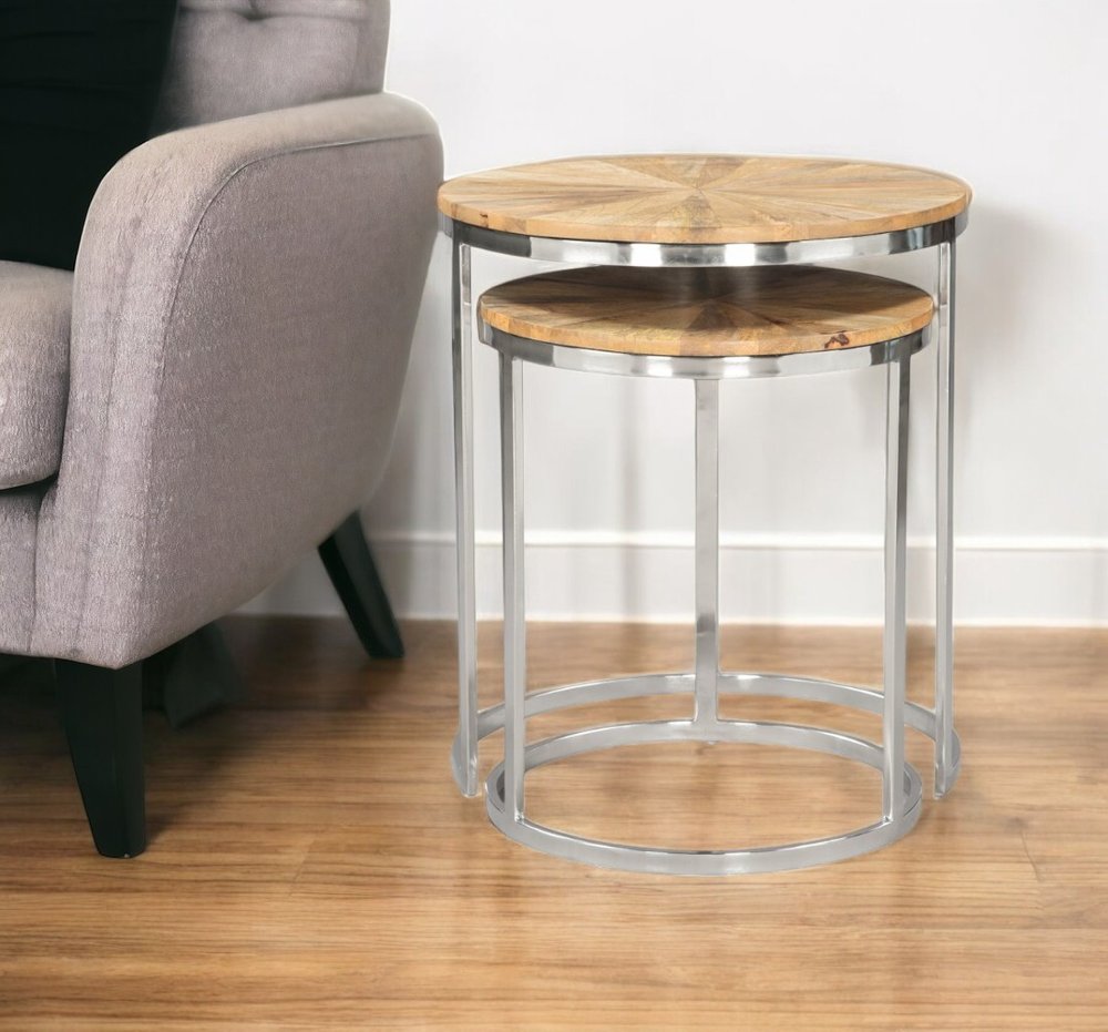 Set of Two Natural And Silver Solid Wood And Iron Round Frame Nested Tables HomeRoots