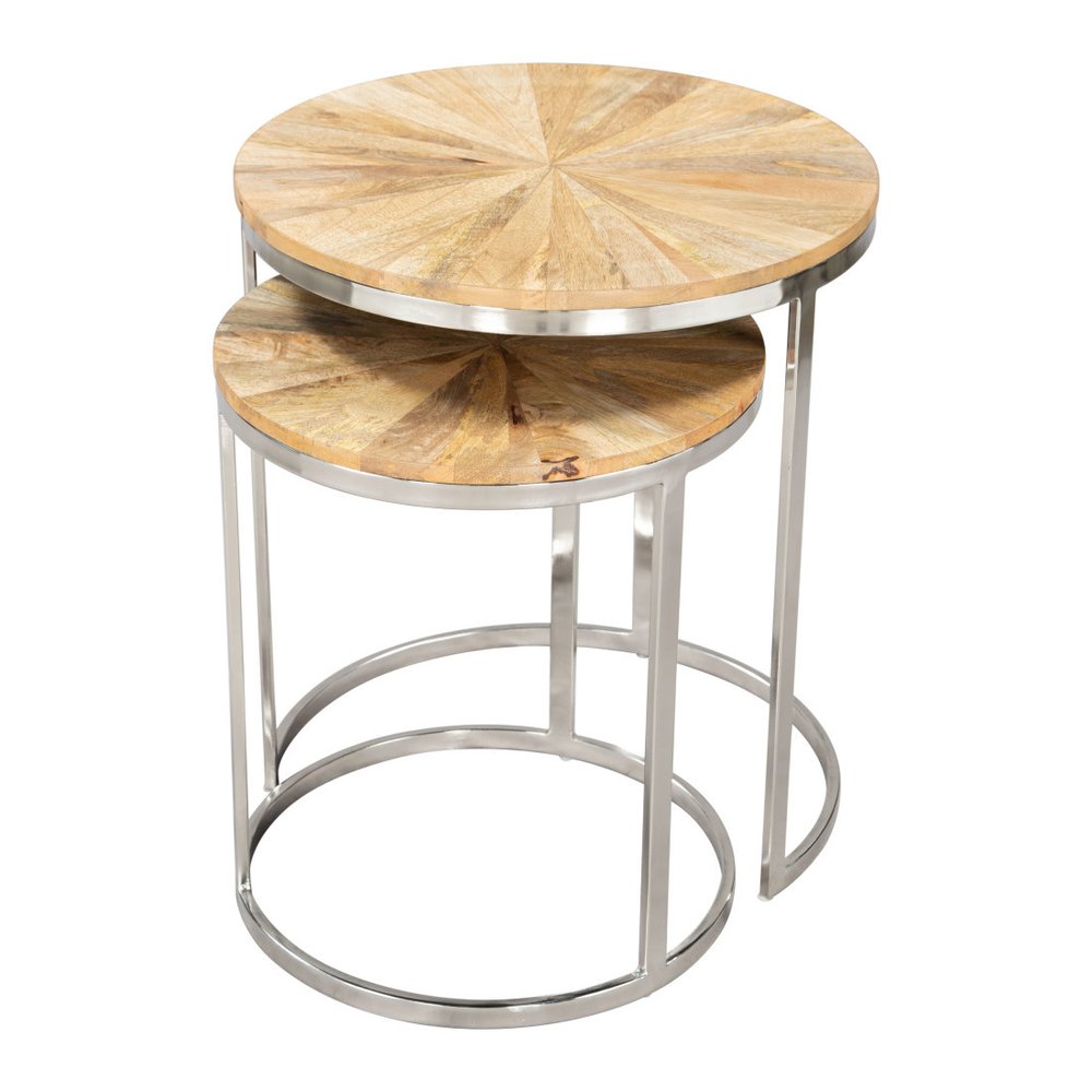 Set of Two Natural And Silver Solid Wood And Iron Round Frame Nested Tables HomeRoots