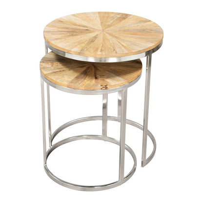Set of Two Natural And Silver Solid Wood And Iron Round Frame Nested Tables HomeRoots