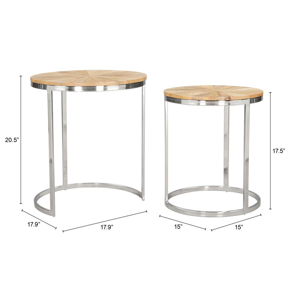 Set of Two Natural And Silver Solid Wood And Iron Round Frame Nested Tables HomeRoots
