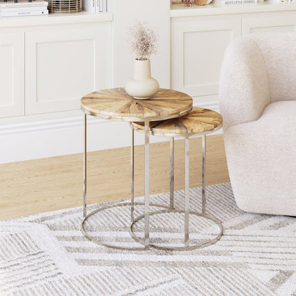 Set of Two Natural And Silver Solid Wood And Iron Round Frame Nested Tables HomeRoots