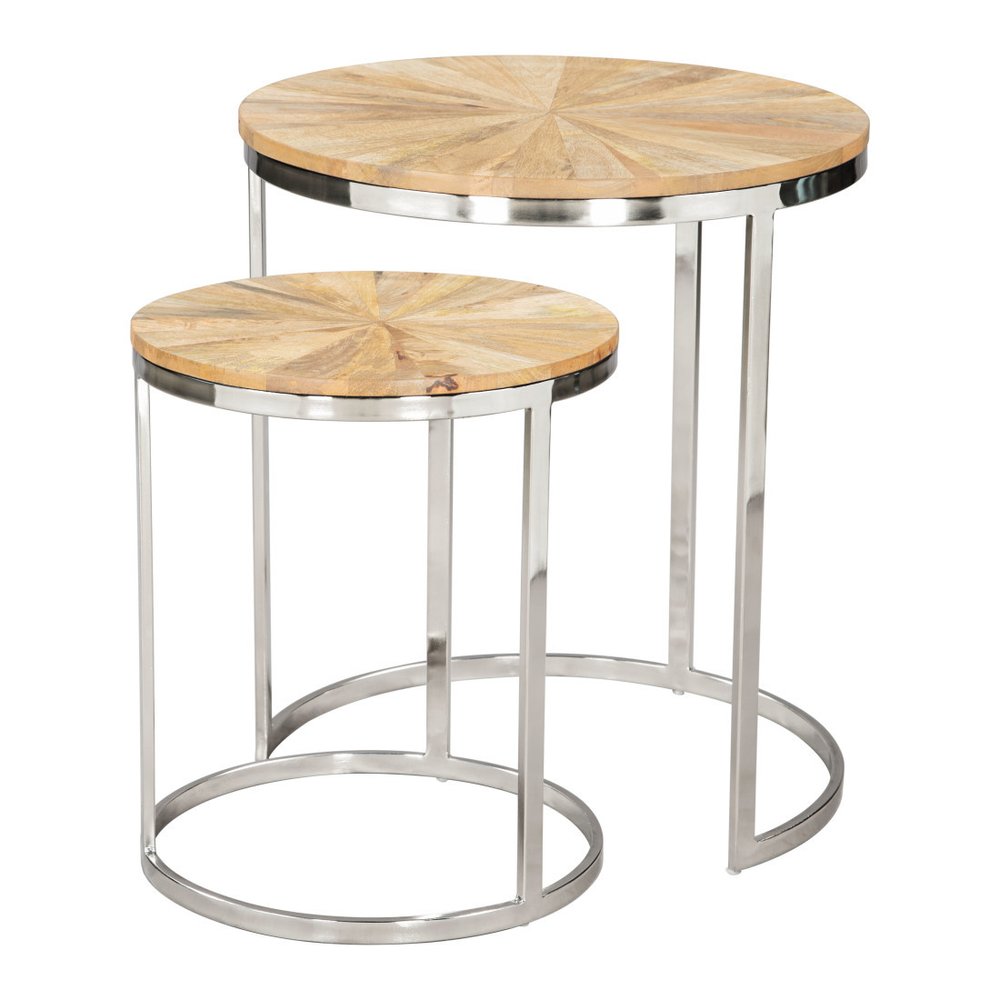 Set of Two Natural And Silver Solid Wood And Iron Round Frame Nested Tables HomeRoots
