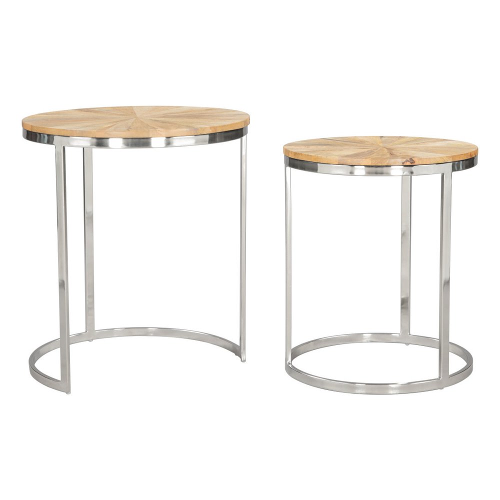 Set of Two Natural And Silver Solid Wood And Iron Round Frame Nested Tables HomeRoots