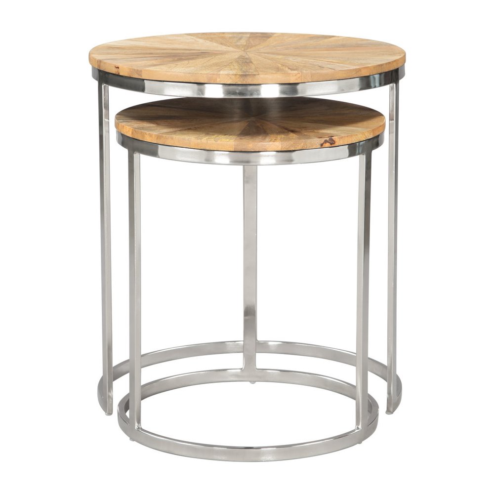 Set of Two Natural And Silver Solid Wood And Iron Round Frame Nested Tables HomeRoots