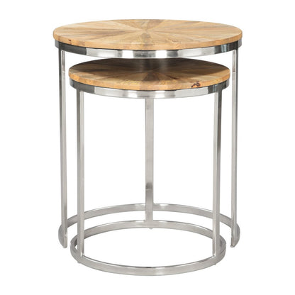 Set of Two Natural And Silver Solid Wood And Iron Round Frame Nested Tables HomeRoots
