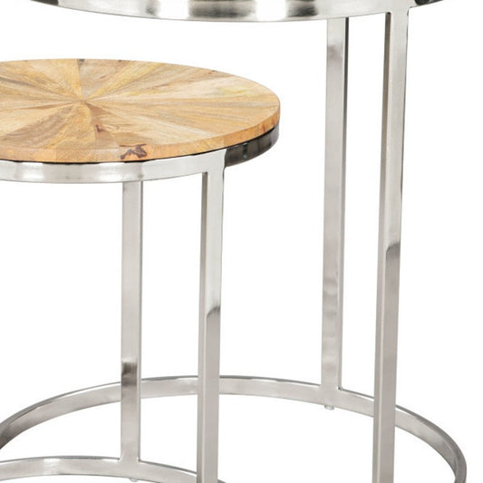 Set of Two Natural And Silver Solid Wood And Iron Round Frame Nested Tables HomeRoots