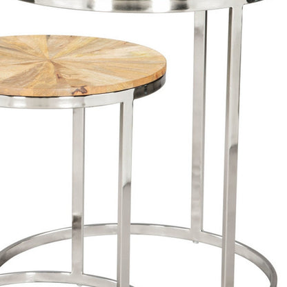 Set of Two Natural And Silver Solid Wood And Iron Round Frame Nested Tables HomeRoots