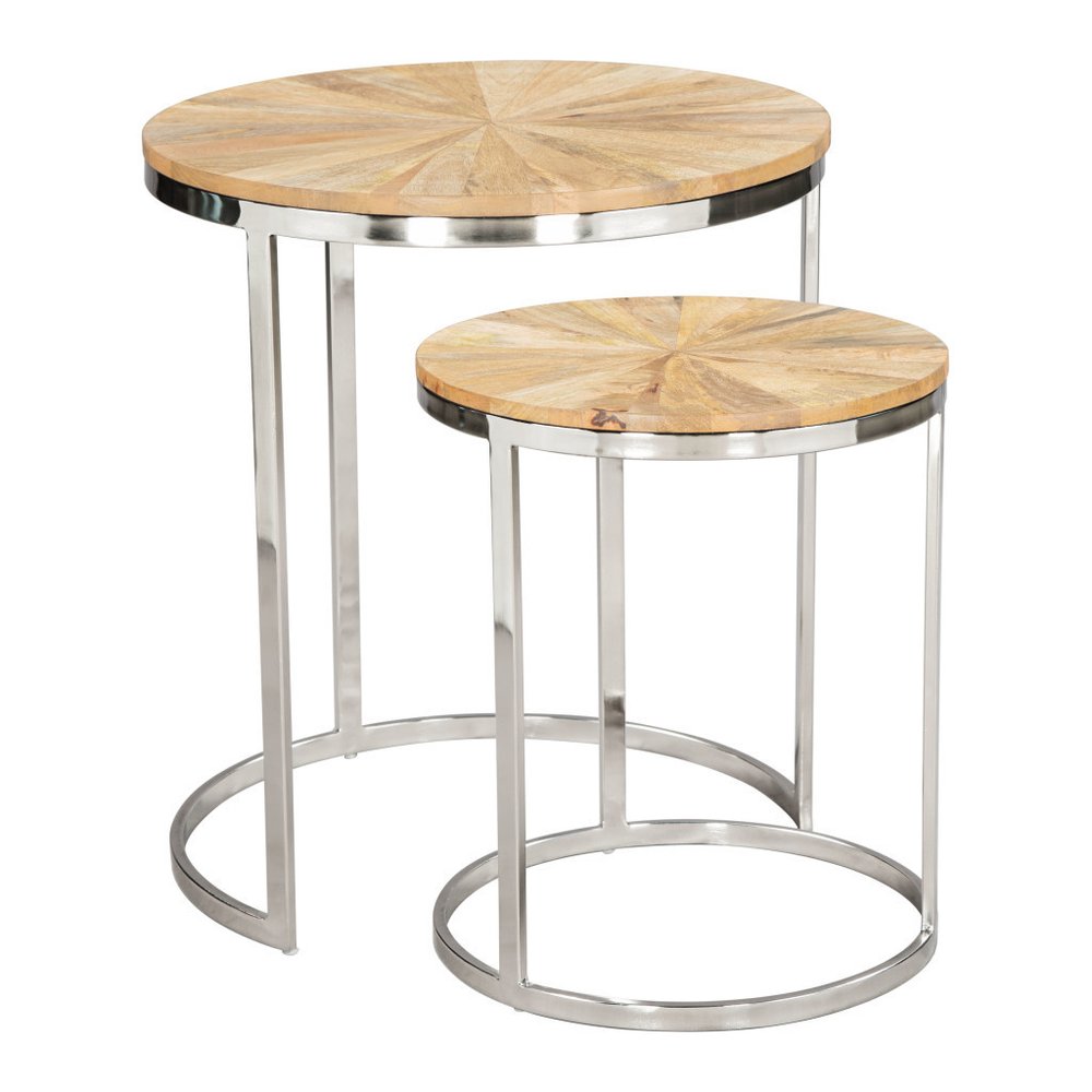 Set of Two Natural And Silver Solid Wood And Iron Round Frame Nested Tables HomeRoots
