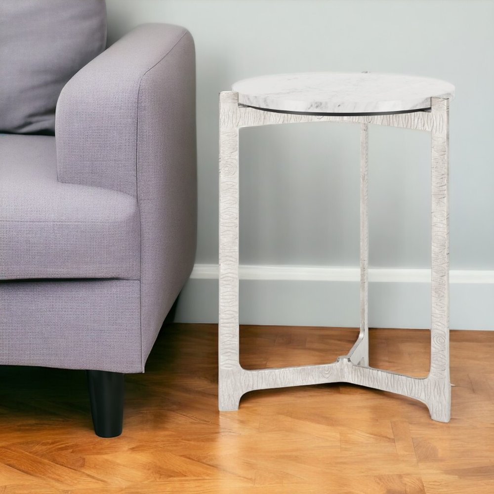 25" White And Silver Marble And Aluminum Round Cross Legs End Table HomeRoots