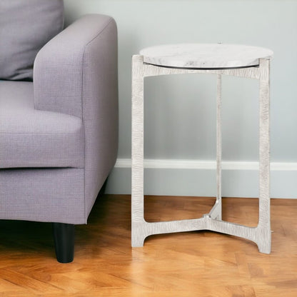 25" White And Silver Marble And Aluminum Round Cross Legs End Table HomeRoots