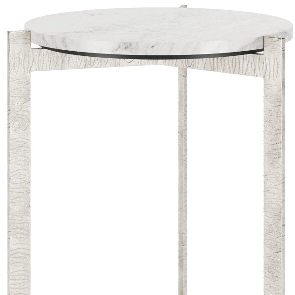 25" White And Silver Marble And Aluminum Round Cross Legs End Table HomeRoots