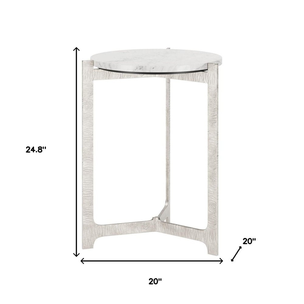 25" White And Silver Marble And Aluminum Round Cross Legs End Table HomeRoots