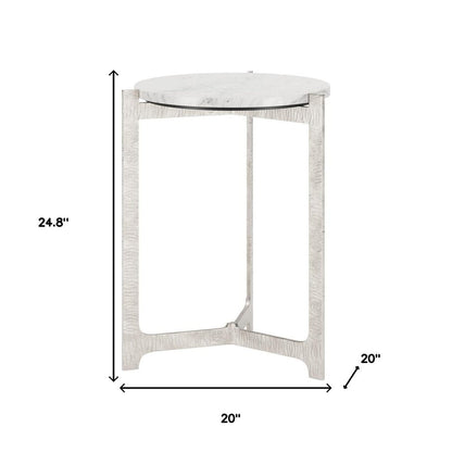 25" White And Silver Marble And Aluminum Round Cross Legs End Table HomeRoots