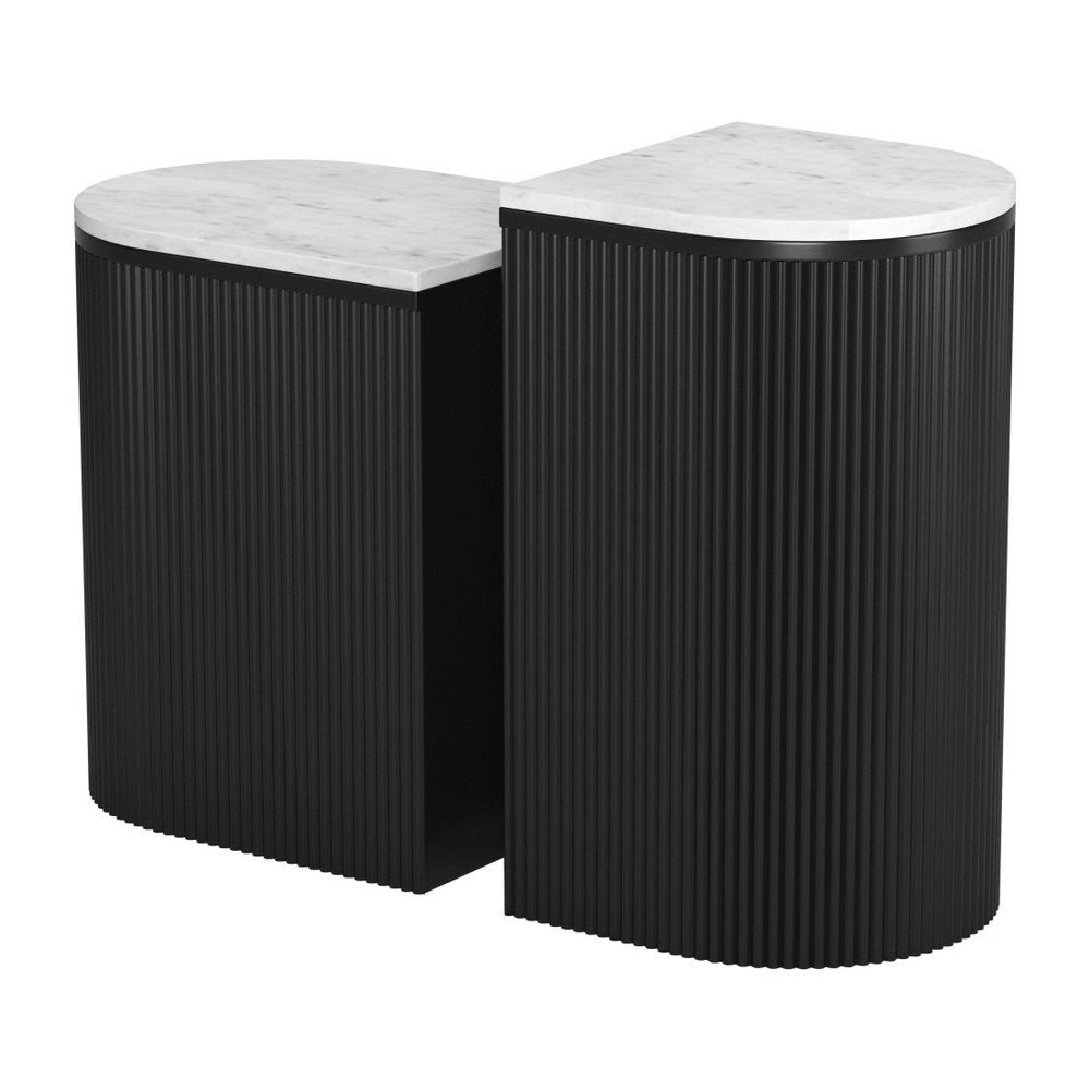 Set of Two Black And White Solid Wood And Marble Oval Block End Tables HomeRoots