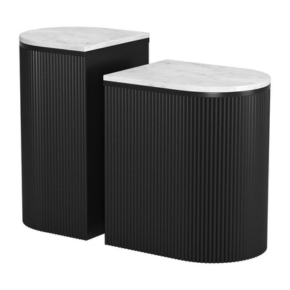 Set of Two Black And White Solid Wood And Marble Oval Block End Tables HomeRoots