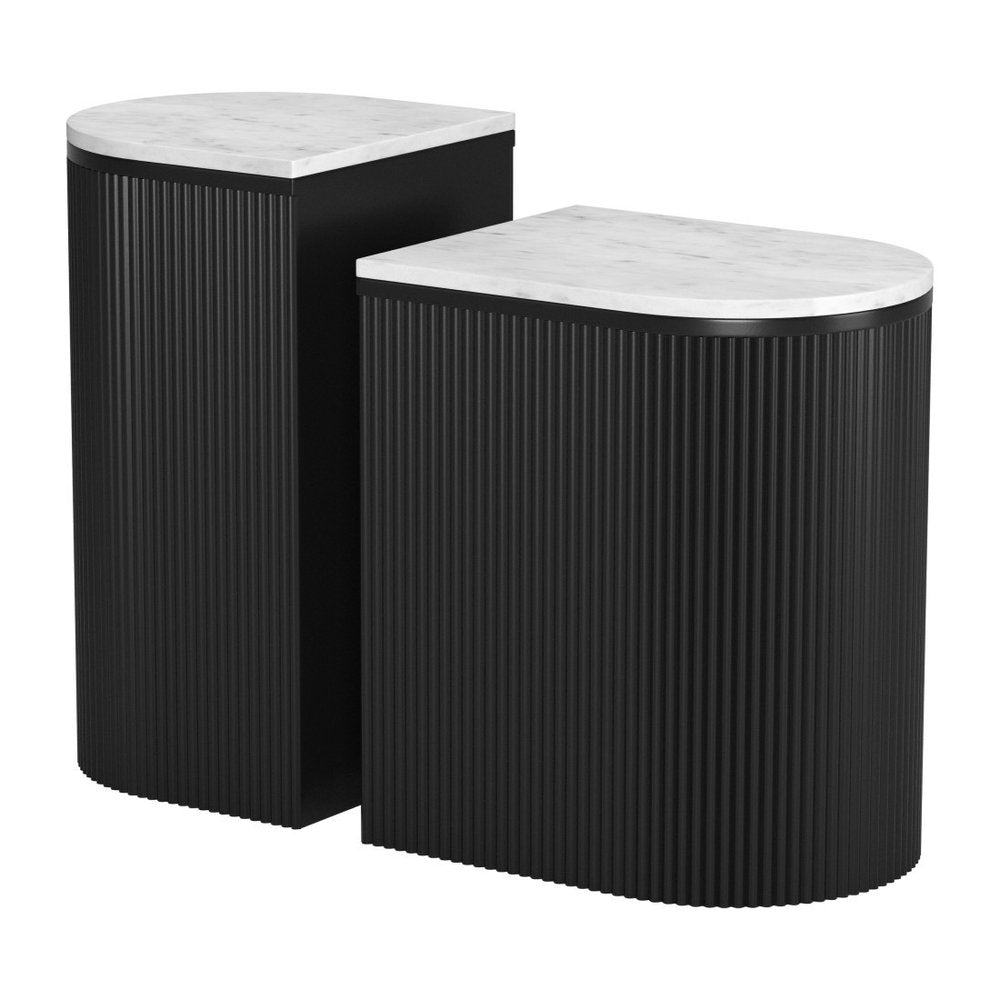 Set of Two Black And White Solid Wood And Marble Oval Block End Tables HomeRoots